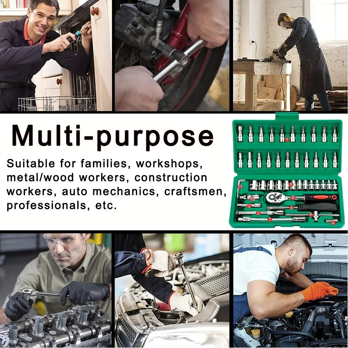Kit Ferramentas 46 Peças 1/4 Automotivo com Soquetes Chave Catraca