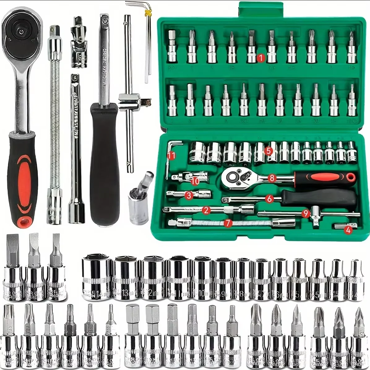 Kit Ferramentas 46 Peças 1/4 Automotivo com Soquetes Chave Catraca - Imagem 7