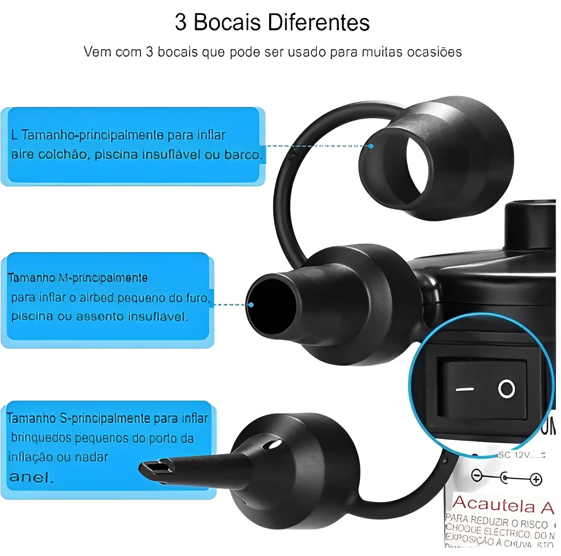 Bomba de ar elétrica bivolt com função inflar e desinflar