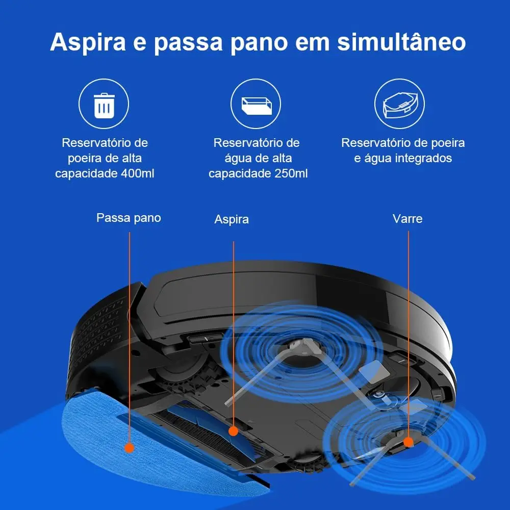 Robô Aspirador 3 em 1 Varre Aspira e Passa Pano Automático